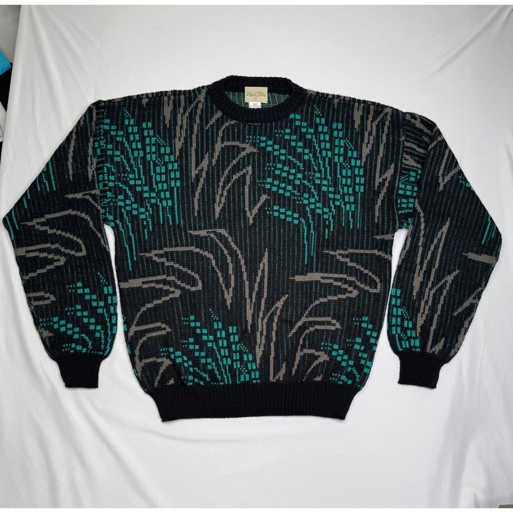 Vintage Mens Store Abstract Geometric Wool Blend Sweater Italy Large 90s Grandpa